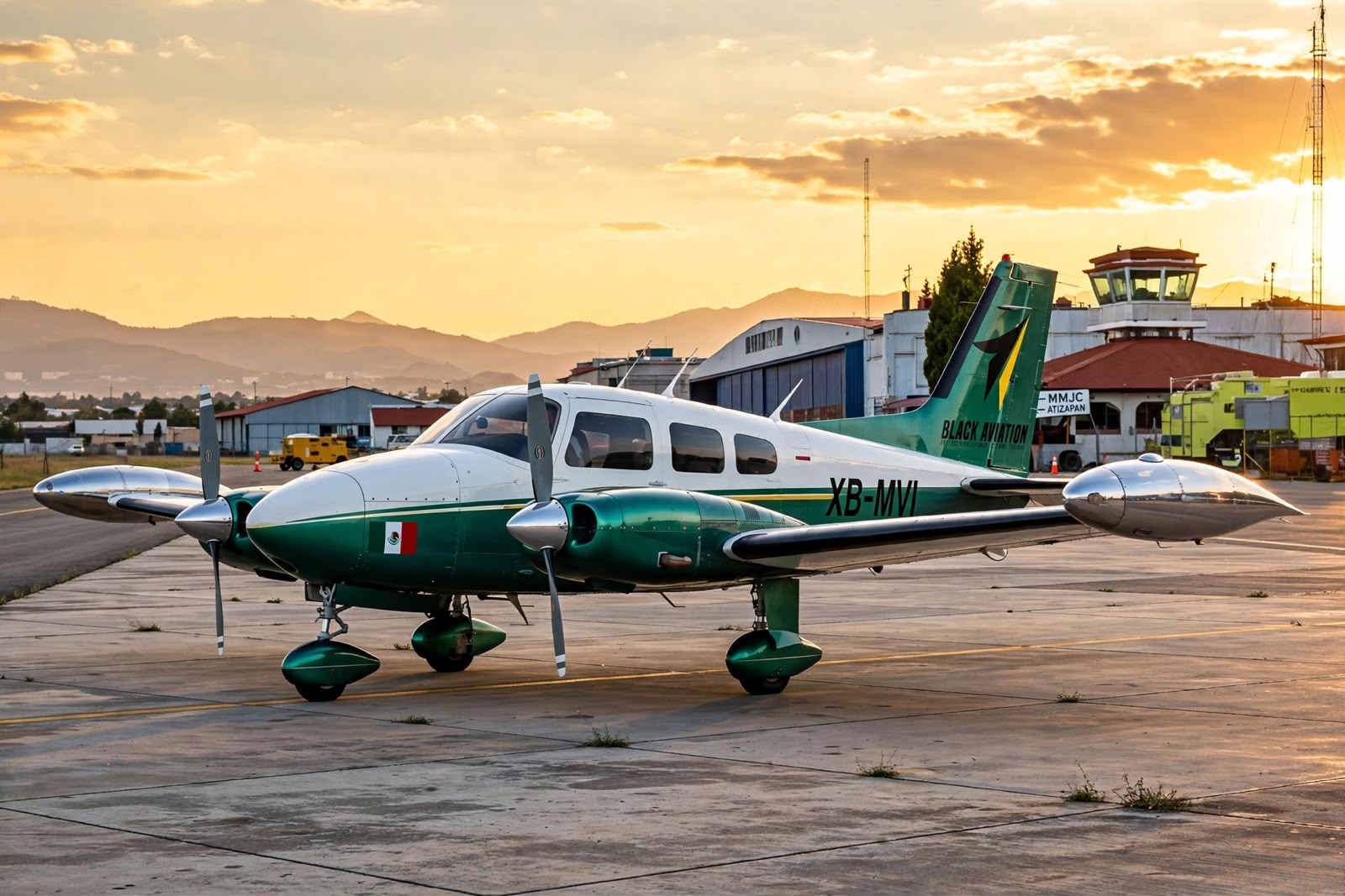 Home 13 Aeronave bimotor de la flota de Black Aviation Academy al atardecer