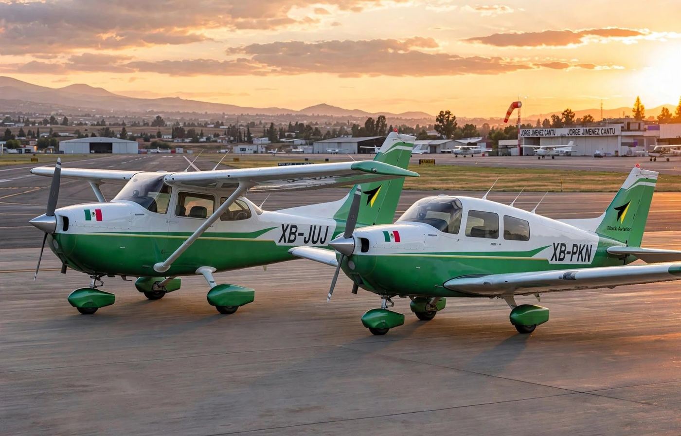 Aviones XB-JUJ y XB-PKN en plataforma al atardecer