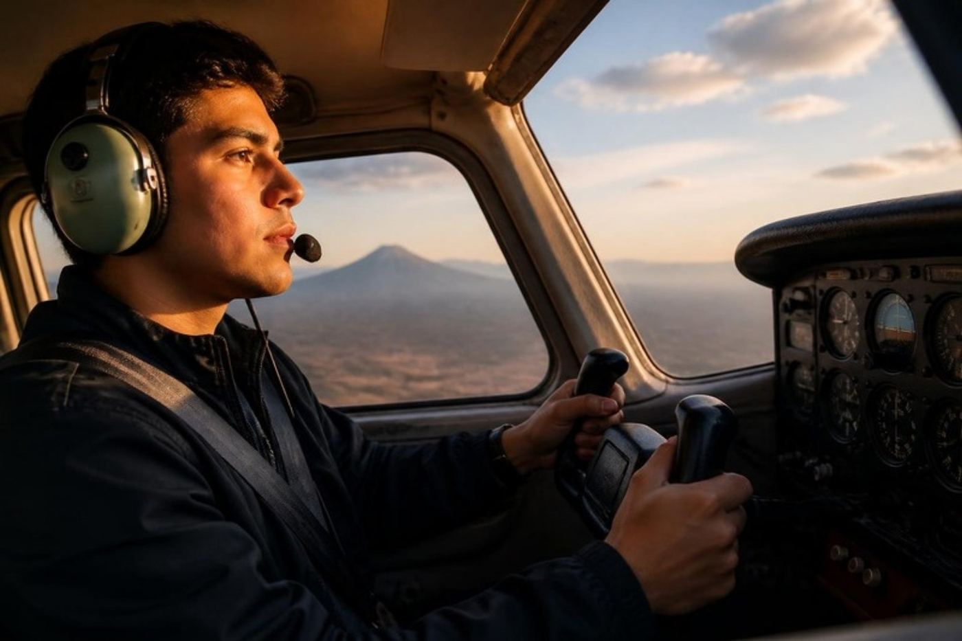 Alumno con audífonos de aviación pilotando al atardecer