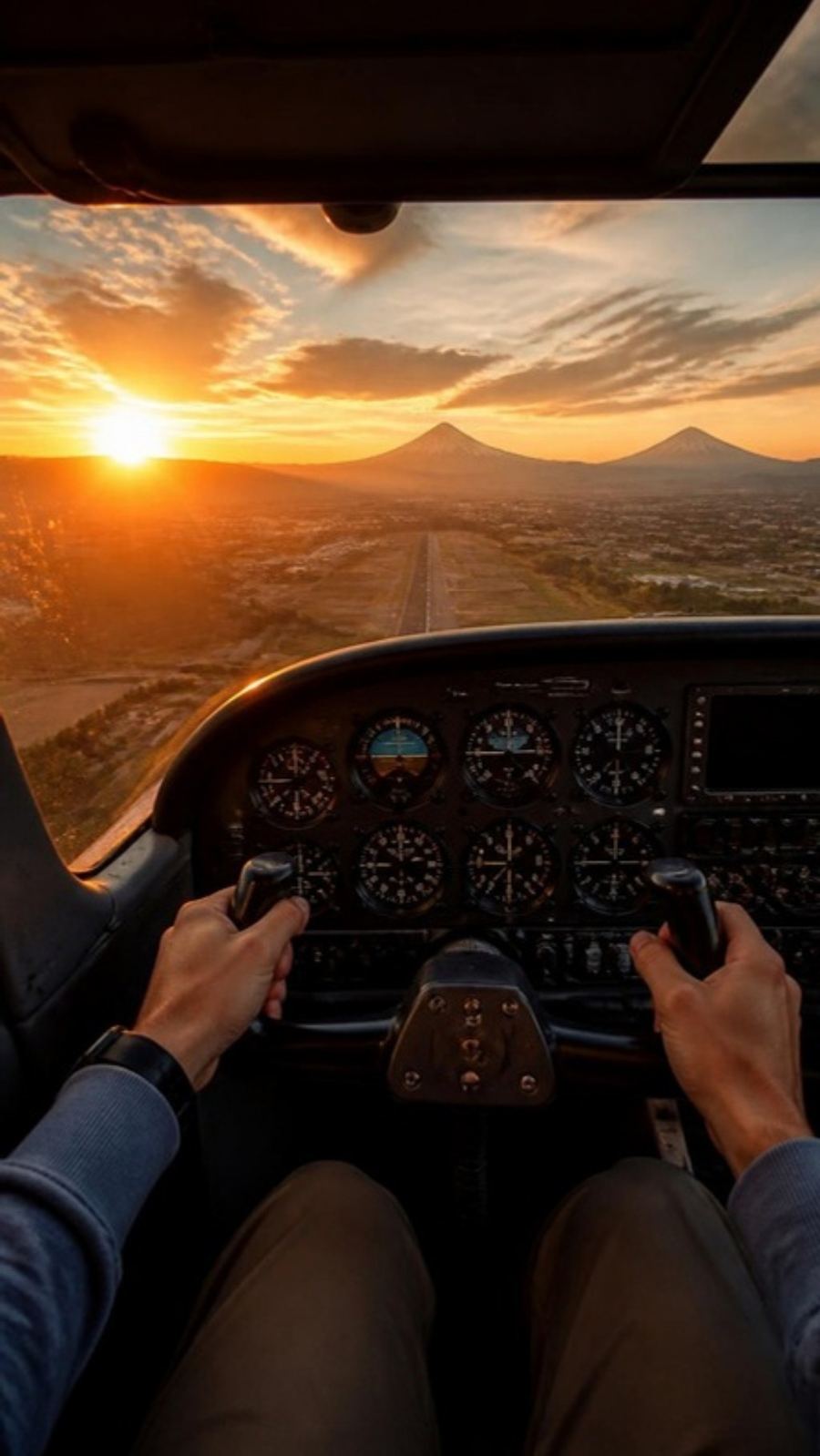 Vista desde la cabina de un avión de entrenamiento despegando al atardecer, con volcanes en el horizonte