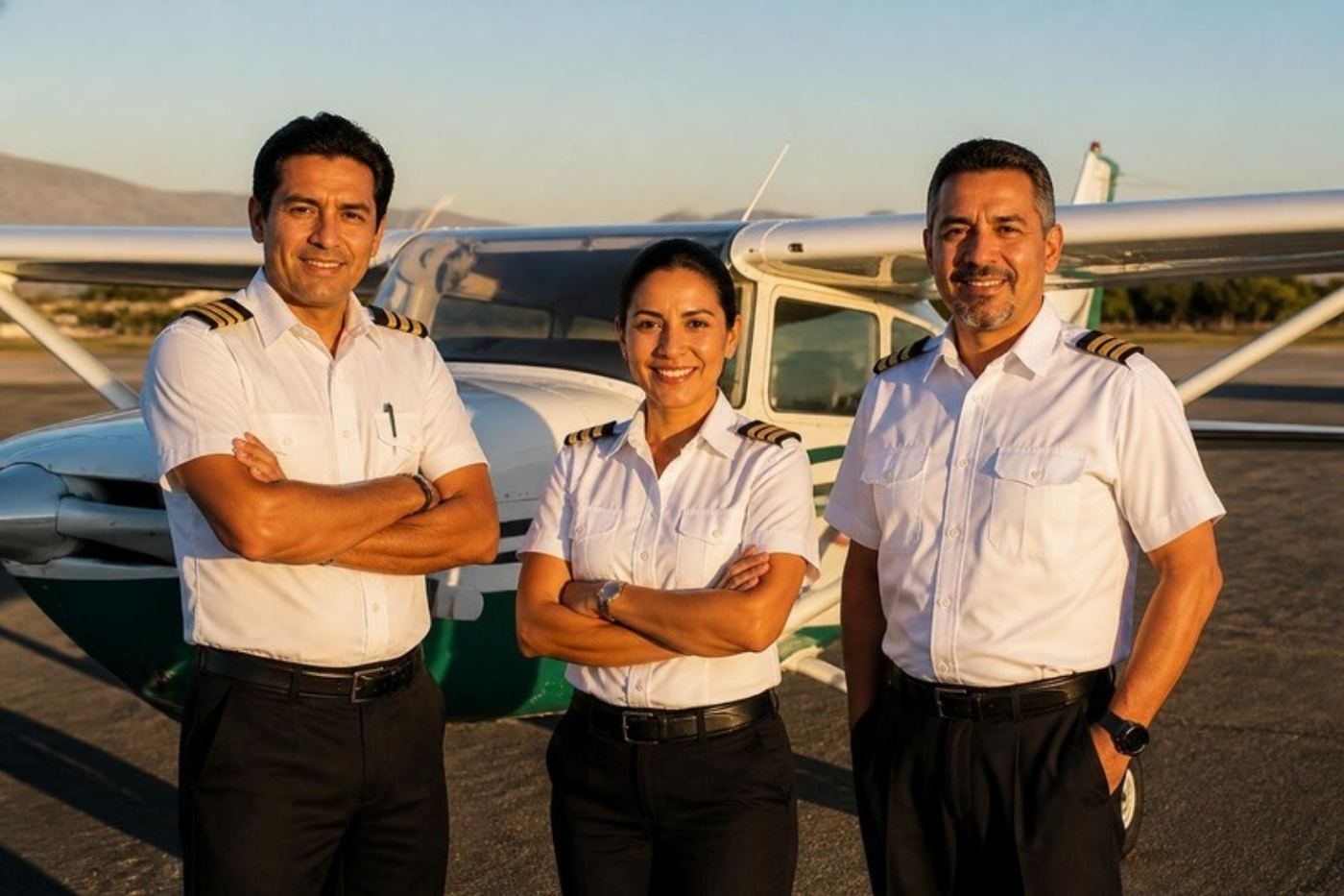 Nosotros 5 Instructores de vuelo frente a un avión de entrenamiento