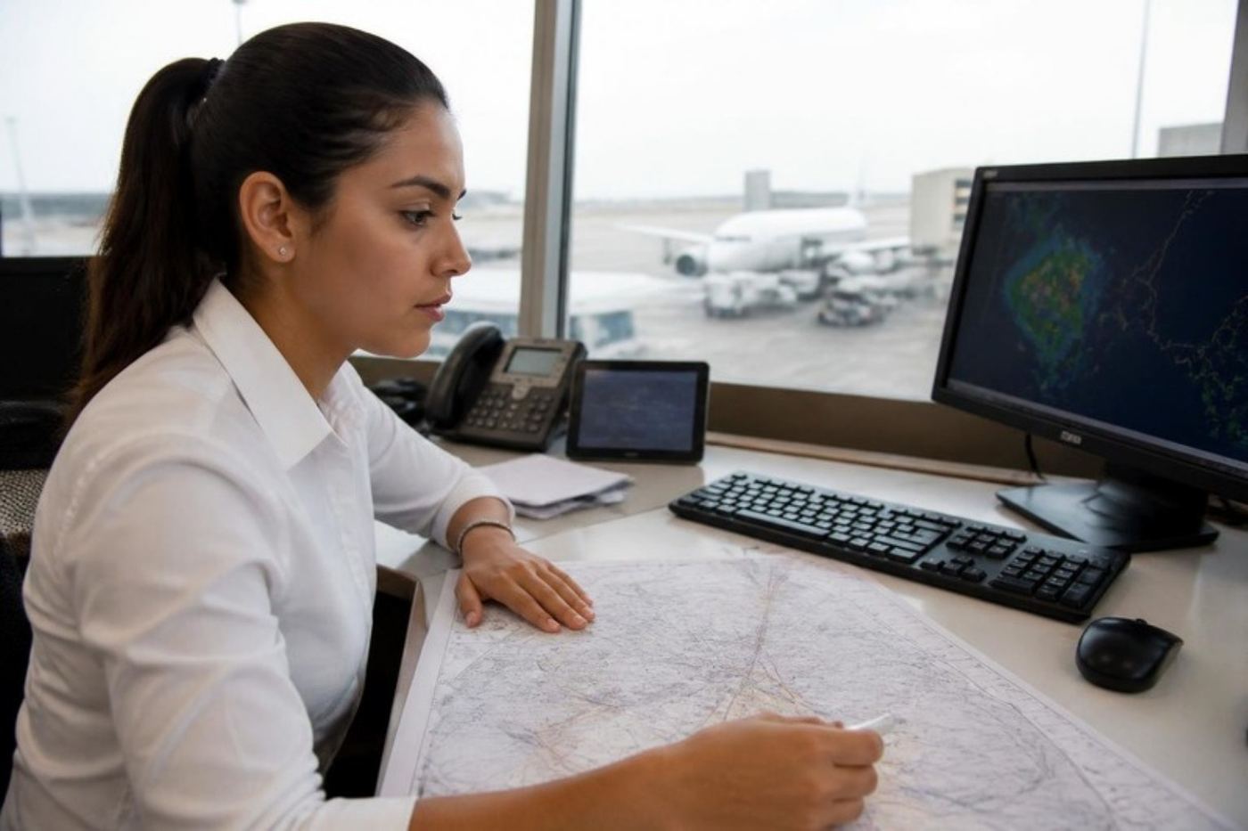 Oficial de operaciones revisando una carta de navegación y el radar