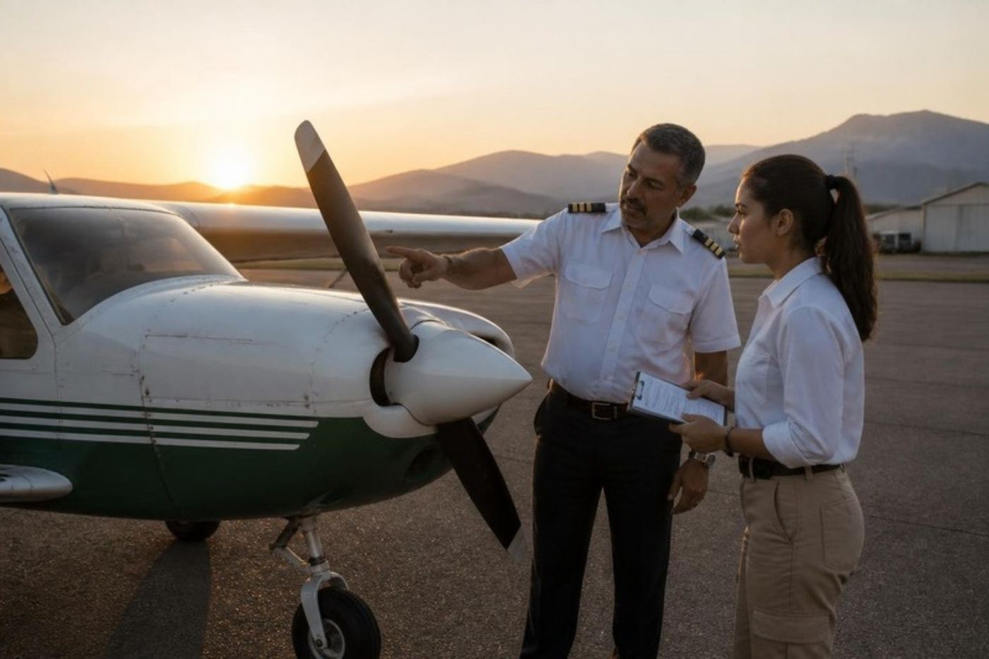 Instructor y alumna en la revisión prevuelo de un avión de entrenamiento