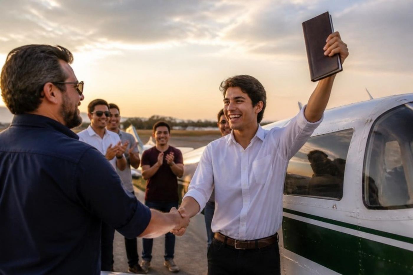 Alumno celebra su primer vuelo solo con su bitácora en alto